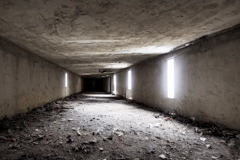 Image similar to photo of long room in underground abandoned bunker, backlight, shot on nikon d 7 5 0