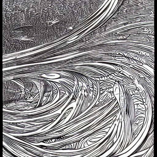 Image similar to open sea by Moebius, black and white, fine lines, hyper detailed