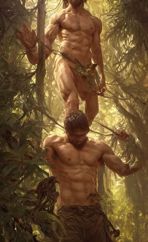 Image similar to god of the forest, 3 0 years old, rugged, male, gorgeous, detailed face, amazing, thighs!!!!!!, muscular, intricate, highly detailed, digital painting, artstation, concept art, sharp focus, illustration, art by greg rutkowski and alphonse mucha