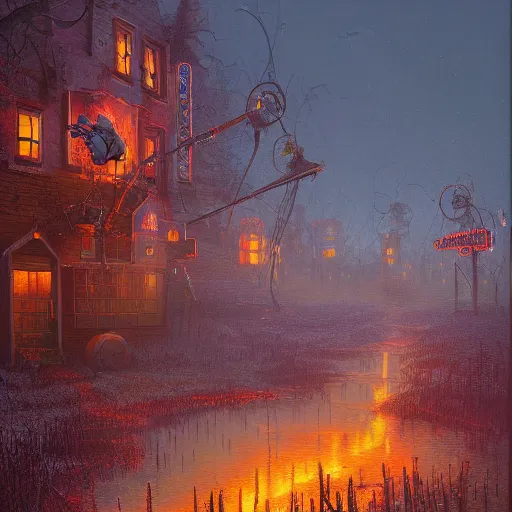 Prompt: Hell realms by Simon Stålenhag Thomas Kinkade, oil on canvas