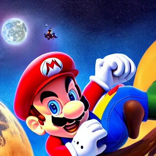 Prompt: A hyper real comic book style portait painting of Super Mario as an astronaut on the moon riding a horse, unreal 5, hyperrealistic, octane render, cosplay, RPG portrait, dynamic lighting