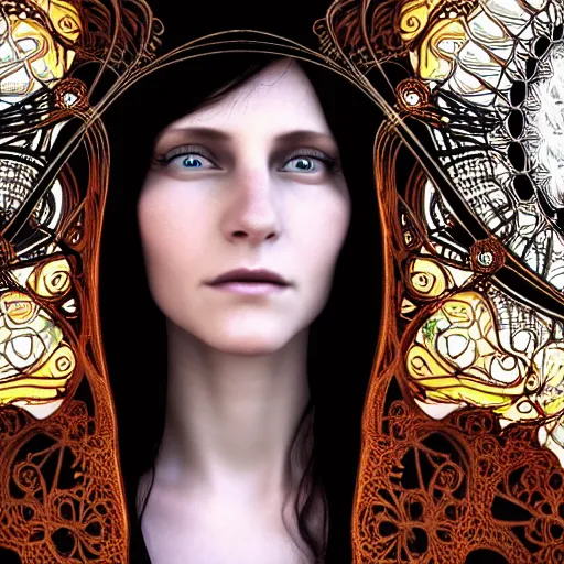 Image similar to a realistic closeup portrait photo of a beautiful female art nouveau bohemian cyberpunk musician in filigree fractal robes