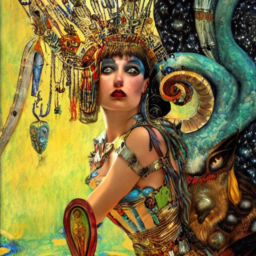 Image similar to cleopatra in alice in wonderland tripping on lsd, intricate detail, painting, royo, frazetta, whealan, klimt,