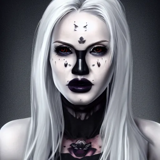 Image similar to Hot young woman, winking, grey skinned, void eyeballs, white hair, tattoos, wearing leather and a white blouse, digital art, concept art, ultra detailed, 4k, 8k