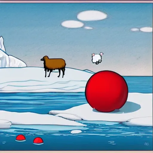 Image similar to cartoon drawing of a seal tossing a red ball with a sheep in antarctica. the seal's head is sticking out above the water and the sheep is standing near the edge of ice