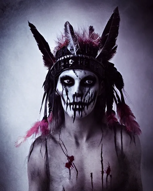 Image similar to the ghost - spirit of the grim - warpaint wears the scarlet skull armor and native blood headdress feathers, midnight fog - mist!, dark oil painting colors, realism, cinematic lighting, various refining methods, micro macro autofocus, ultra definition, award winning photo, photograph by ghostwave - gammell - giger - shadowlord