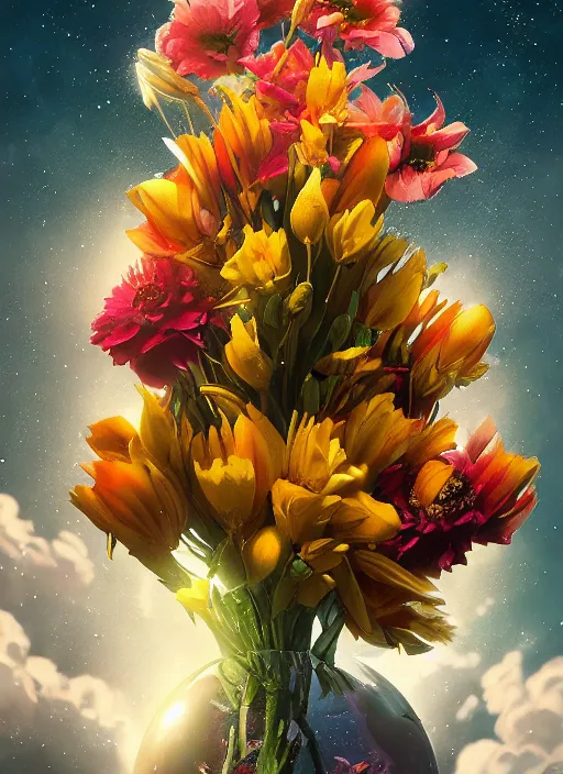 Image similar to An epic fantastic realism comic book style painting of the most beautiful flowers launched into space, bouquets, fisheye lens, unreal 5, DAZ, hyperrealistic, octane render, dynamic lighting