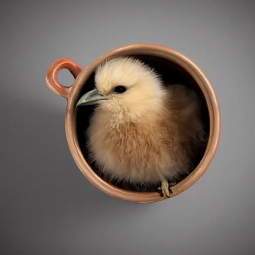 Prompt: long shot of a cute fluffy furry chick nesting in a antique coffee cup, by esao andrews, by m. w. kaluta, humorous illustration, hyperrealistic, tilt shift, warm colors, night scenery, low light, 3 d octane render, 4 k, volumetric lights, smooth, cosy atmosphere, conceptart, hyperdetailed, trending on deviantart