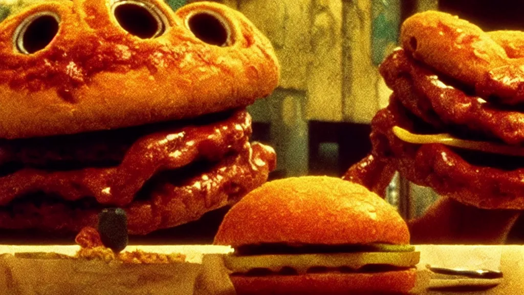 Image similar to the garbly cheeseburger creature at the fast food place, film still from the movie directed by denis villeneuve and david cronenberg with art direction by salvador dali and zdzisław beksinski, wide lens