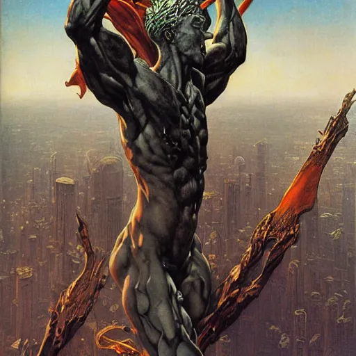 Image similar to portrait of immense, majestic, surreal, terrifying yosh from super smash standing triumphant over the city, perfectly clear face, by j. c. leyendecker, bosch, and beksinski