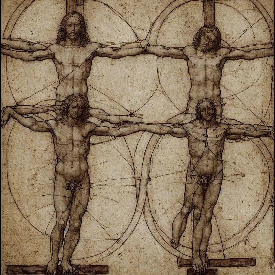 Prompt: Leonardo da Vinci's Vitruvian Man crucified on a cross, full body