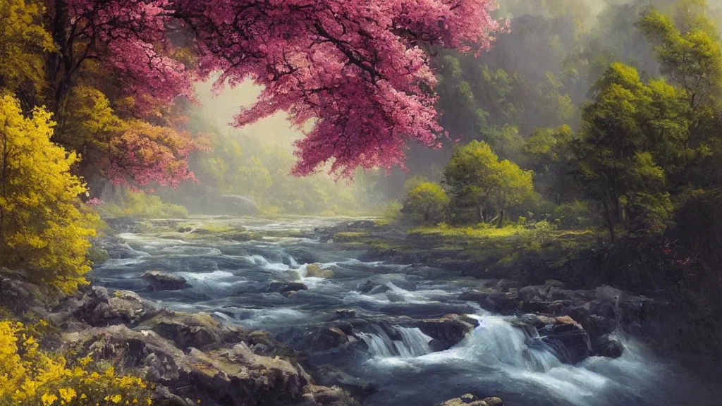 Image similar to A beautiful landscape oil painting of a hill with trees, the spring has arrived and the trees are blooming and covered with colorful flowers, the flowers are yellow, pink, purple and red, the river is zigzagging and flowing in its way, the river has lots of dark grey rocks, by Greg Rutkowski