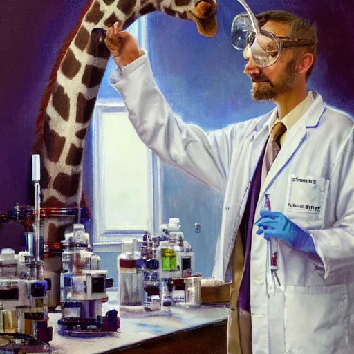 Prompt: portrait of a proud old giraffe doctor working in a chemical lab, artwork by gaston bussiere, craig mullins, trending on artstation, giraffe dressed as a scientist, using googles and wearing a doctor coat