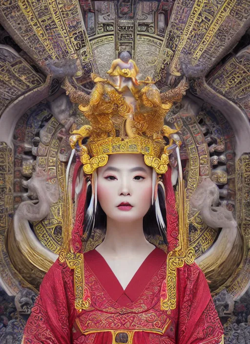 Image similar to godly Chinese ancient sentiel standing in the ancient temple during magical ritual, symmetrical face, big eyes and lips, looking down, subtle makeup, clean face and body skin,ecstatic expression,volumetric lights,depth of field, lens flares, dust in the air, moody lighting, intricate, elegant, highly detailed, centered, smooth, sharp focus, Donato Giancola, Joseph Christian Leyendecker, WLOP, Boris Vallejo, Artgerm moody photography, old photo, black and white, sepia, cinematic lighting, cinematic angle, national geographic