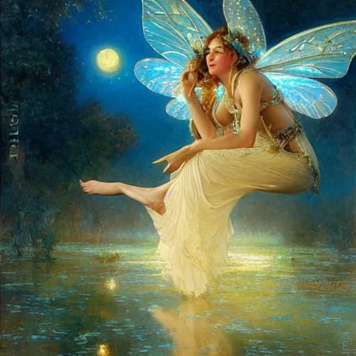 Image similar to attractive fairy magically floating high in the night, fantasy, full moon in background. highly detailed painting by gaston bussiere, craig mullins, j. c. leyendecker, mid shot, 8 k