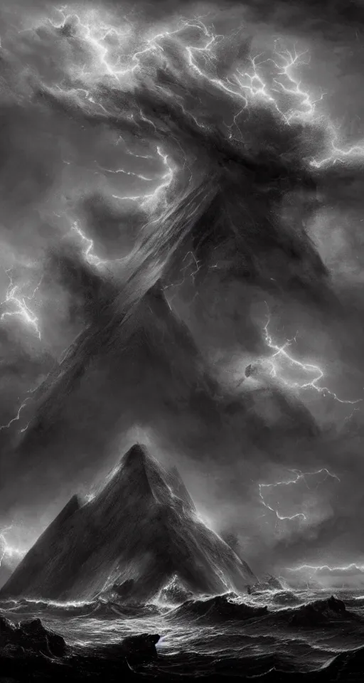 Image similar to black lovecraftian eldritch!! obsidian pyramid!! on a snowy island surrounded by raging stormy seas, with a large shadow of a creature in the background by eugene von guerard, ivan shishkin, night, red lightning!!, storm!, dramatic lighting, concept art, trending on artstation, 8 k