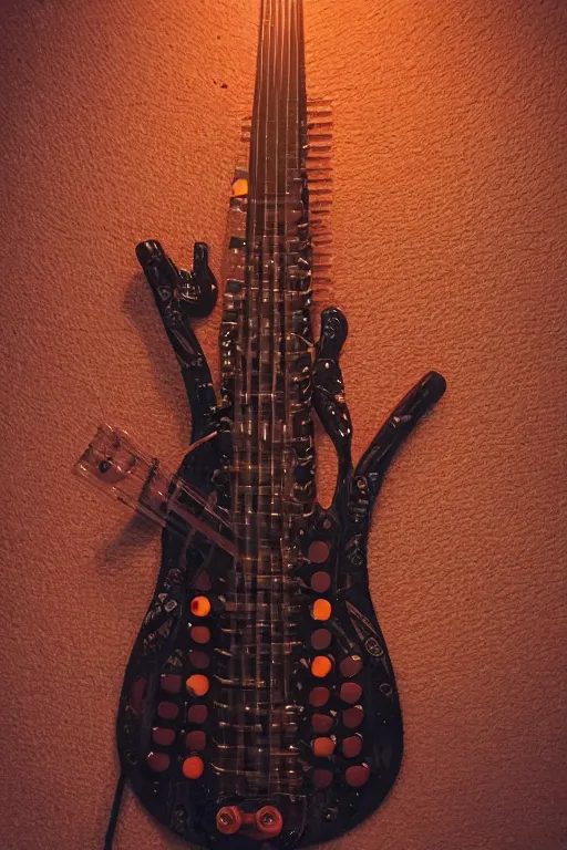 Prompt: cyberpunk nyckelharpa, slim electric guitar, nyckelharpa, apparent wiring, neon ambient lighting