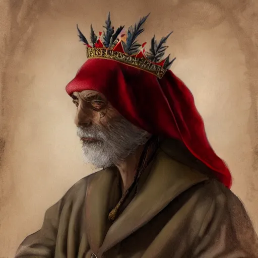 Image similar to stoner King Tommy Chong wears a doublet whilst wearing a red velvet cape and OG Kush Sativa flower calyx trichome crown edward julius detmold jehan choo jeff simpson arkhip kuindzhi raphael lacoste guillem h. pongiluppi grisaille