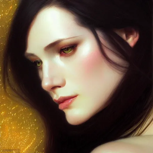 Image similar to portrait of a beautiful pale skin female with long black hair, dark brown eyes, elegant clothing, photorealistic, highly detailed, artstation, smooth, sharp focus, neon lighting, sci - fi, art by klimt, artgerm, greg rutkowski and alphonse mucha