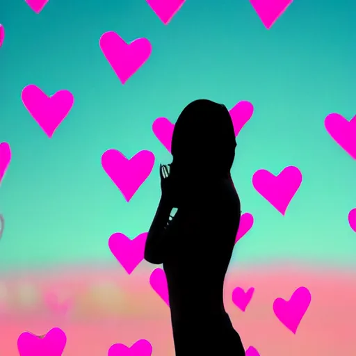 Prompt: Mila Kunis silhouette posing in front of a camera with cute pink hearts floating in the air, Canon EOS R3, f/1.4, ISO 200, 1/160s, 8K, RAW, unedited, symmetrical balance, in-frame