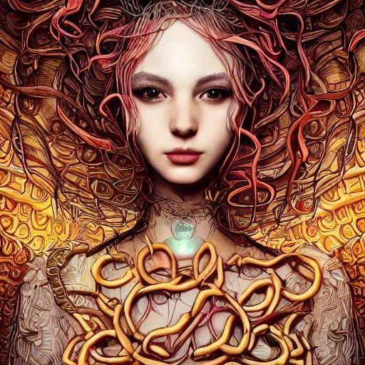 Image similar to the portrait of an incredibly beautiful woman partially made of onion rings, an ultrafine detailed illustration by james jean, final fantasy, intricate linework, bright colors, behance contest winner, vanitas, angular, altermodern, unreal engine 5 highly rendered, global illumination, radiant light, detailed and intricate environment