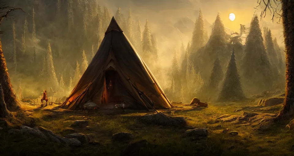 Image similar to an epic fantasy adventurer's camp with a hide tent 4 k, extremely detailed. award winning, trending on artstation, 8 k, ultra wide angle