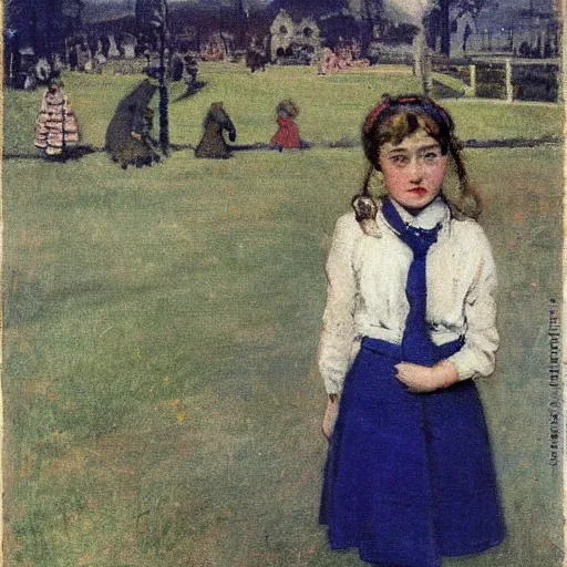 Prompt: Kinetic sculpture. A young girl stands in the center of the frame, looking off to the side. She wears a school uniform with a short skirt and a striped shirt. The background is a vivid, with wavy lines running through it. pale indigo by Frits Thaulow cosy