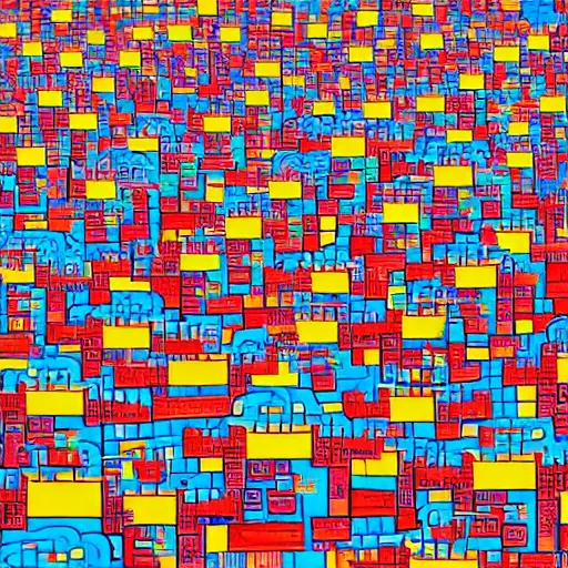 Image similar to a chinese prison, in the style of daniel johnston and outsider art, 8 k, line brush, minimal, brightly coloured, flat blocks of color, overlaid with chinese adverts