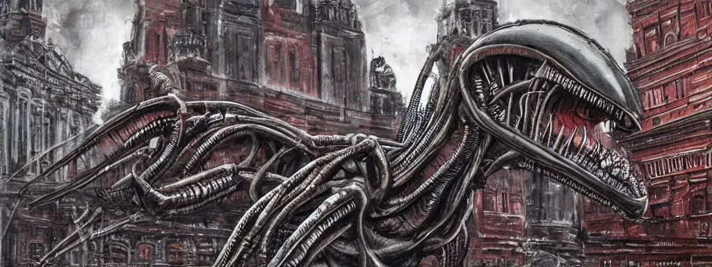 Prompt: alien predator on moscow red square. extreme long shot. post-apocalyptic art. high detail