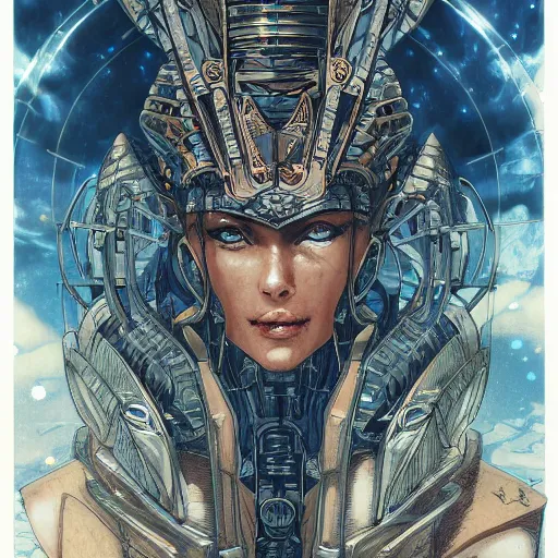 Image similar to portrait of mad egyptian mech queen, symmetrical, by juan gimenez, yoichi hatakenaka, masamune shirow, josan gonzales and dan mumford, ayami kojima, takato yamamoto, barclay shaw, karol bak, yukito kishiro, drawing, illustration, clear line