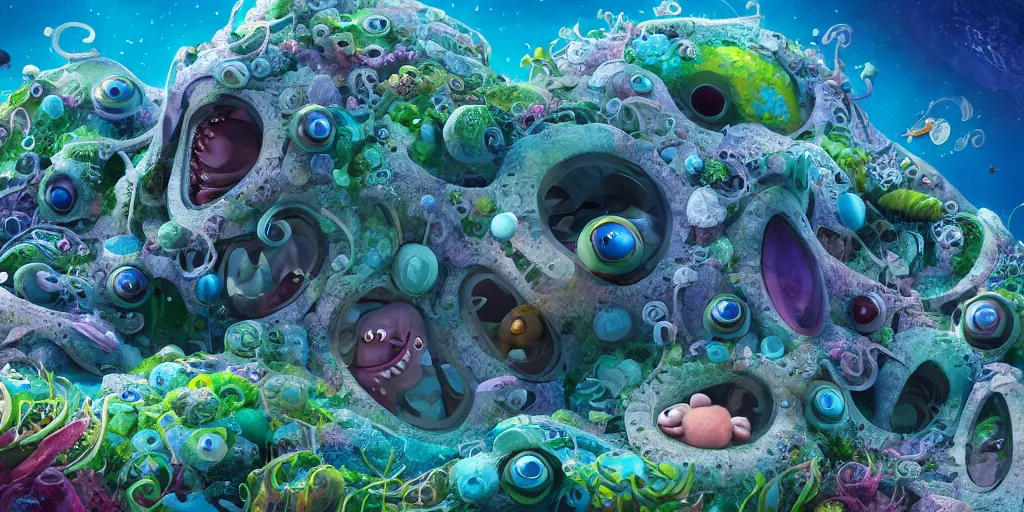 Image similar to of an intricate sea reef with strange cute friendly happy creatures with huge eyes, mouth, long tongue, round teeth and goofy face, appearing from the background, in the style of gehry and gaudi, macro lens, shallow depth of field, ultra detailed, digital painting, trending artstation, concept art, illustration, cinematic lighting, photorealism, epic, octane render