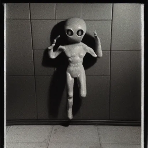 Image similar to polaroid of alien caught doing drugs in bathroom, roswell 1 9 6 2