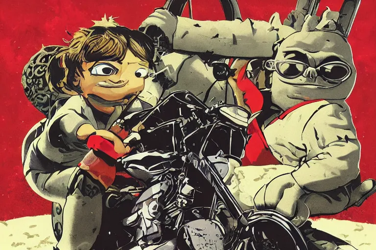 Image similar to pizza the hut, akira's motorcycle, gorillaz, poster, high quality