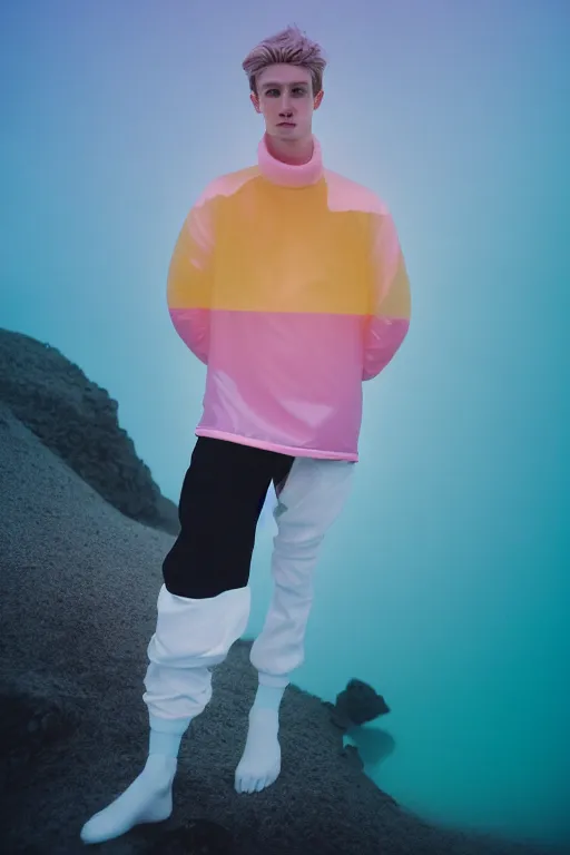 Image similar to high quality pastel coloured film mid angle portrait photograph of a beautiful young 2 0 year old male, soft features, short hair, perspex space visor and oversized inflated clothing!!!! icelandic black! rock pool environment. atmospheric three point light. photographic. art directed. ( pastel colours ). volumetric. clearcoat. waves. 8 k. filmic.