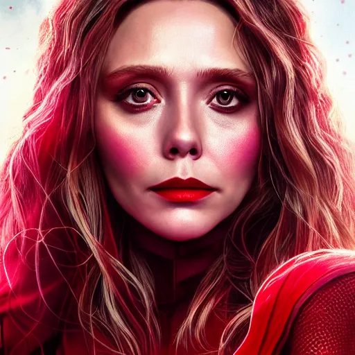 Prompt: A portrait of elizabeth Olsen as scarlet witch with the scarlet witch wimple, cinematic, digital art, amazing detail