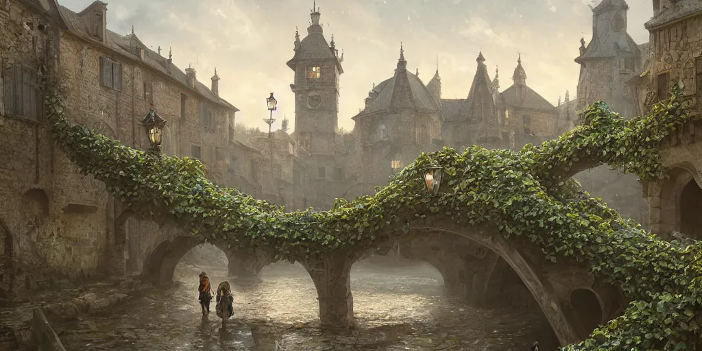 Image similar to empty medieval port town town square large bridge covered in vines with nightlamps steadily lighting your way pokemon sword and sheild, bright future, social realism, highly detailed, digital painting, artstation, concept art, matte, sharp focus, illustration, art by artgerm and greg rutkowski and alphonse mucha