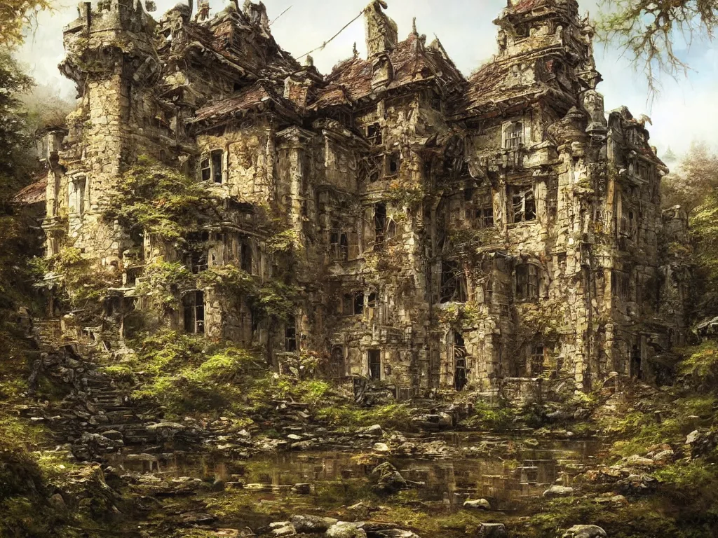 Prompt: A beautiful painting of a dilapidated ancient castle building in the wood, by Noriyoshi Ohrai, Trending on artstation, very detailed