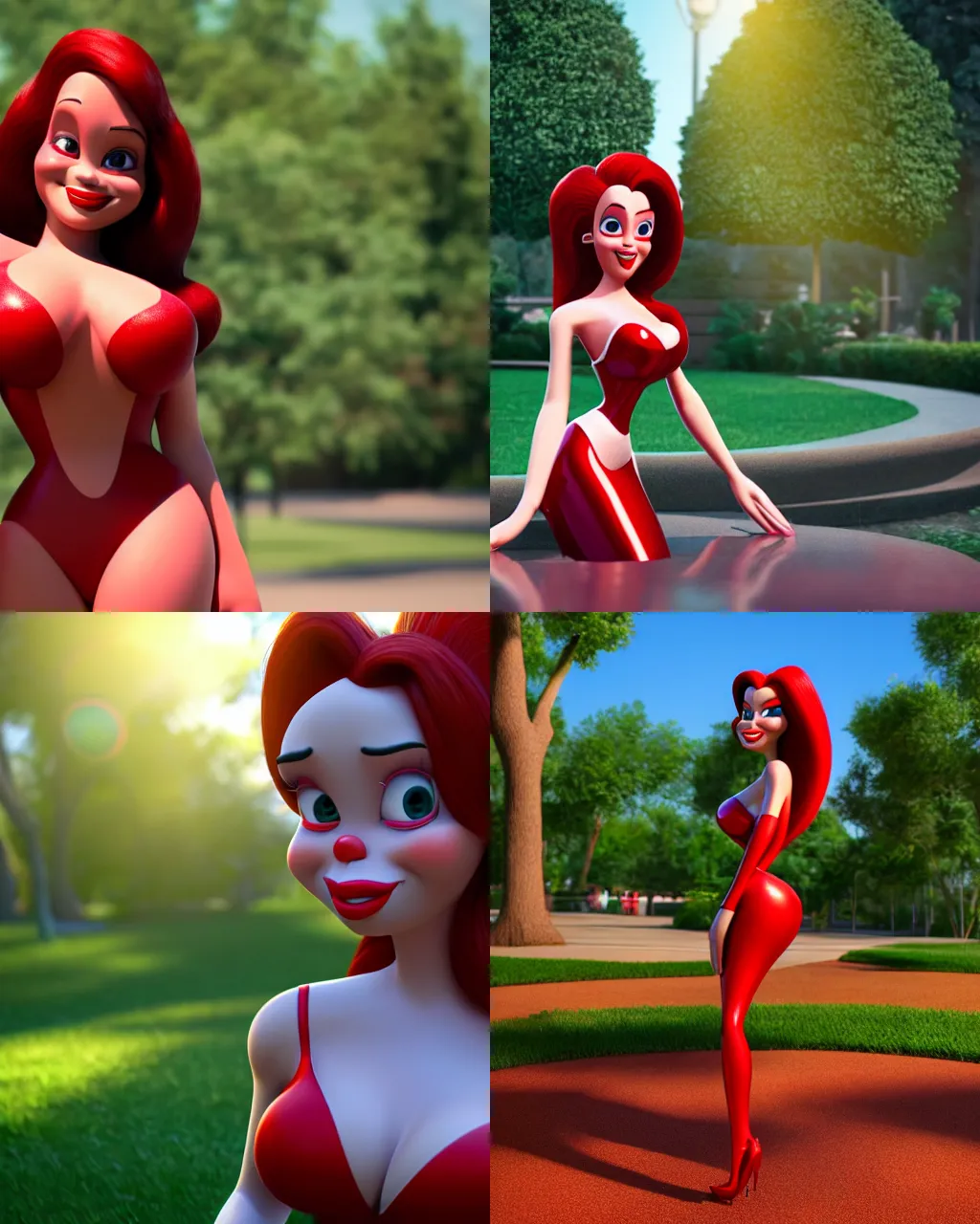 Prompt: ultradetailed octane 3 d render of jessica rabbit, in a park, 8 k, soft lighting, pixar, reflections, intricate, beautiful, centered, reflections, sharp focus,