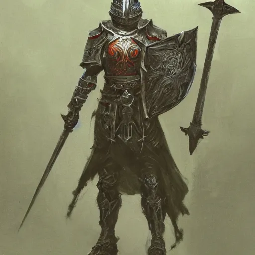 Image similar to crucible knight concept, wearing ancient armor, wielding a spear and a shield, wearing cape, dark soul concept art, elden ring concept art, beksinski