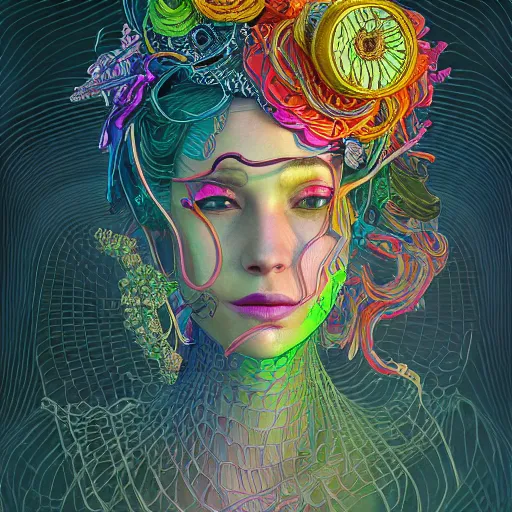 Image similar to the portrait of a ridiculously beautiful and elegant woman partially made of onion rings of all colors, an ultrafine detailed illustration by james jean, final fantasy, intricate linework, bright colors, behance contest winner, vanitas, angular, altermodern, unreal engine 5 highly rendered, global illumination, radiant light, detailed and intricate environment