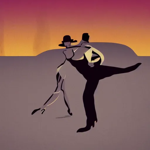 Prompt: A surreal comic noir illustration containing tango dancers in a desert beach oasis by Salvador Dali, dark vibes, high contrast, pastel lighting, cinematic, depth of field, 8k