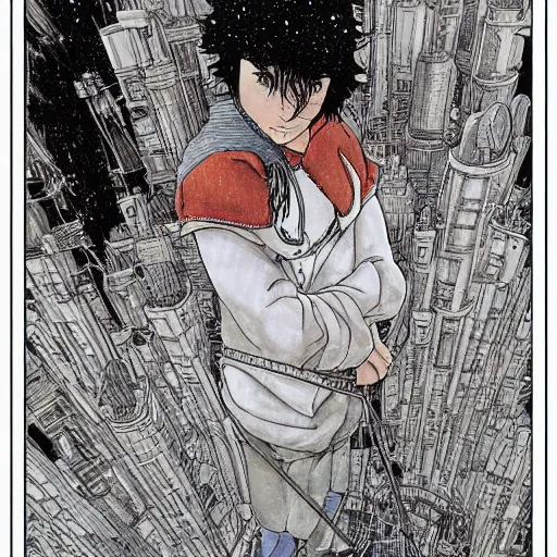 Image similar to A man and his ship, pen and ink, computer coloring :: A manga masterpiece by Mark Crilley in the style of Akira :: oil painting by James Gurney