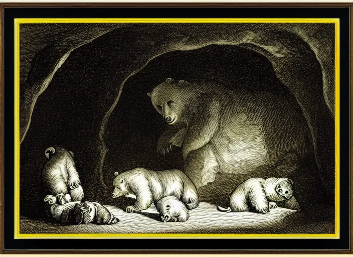 Image similar to Pieter Claesz's 'a bear and her cubs sleeping in a dark cave, lit by hole in roof', night time, cross hatching, framed, monochrome, yellow