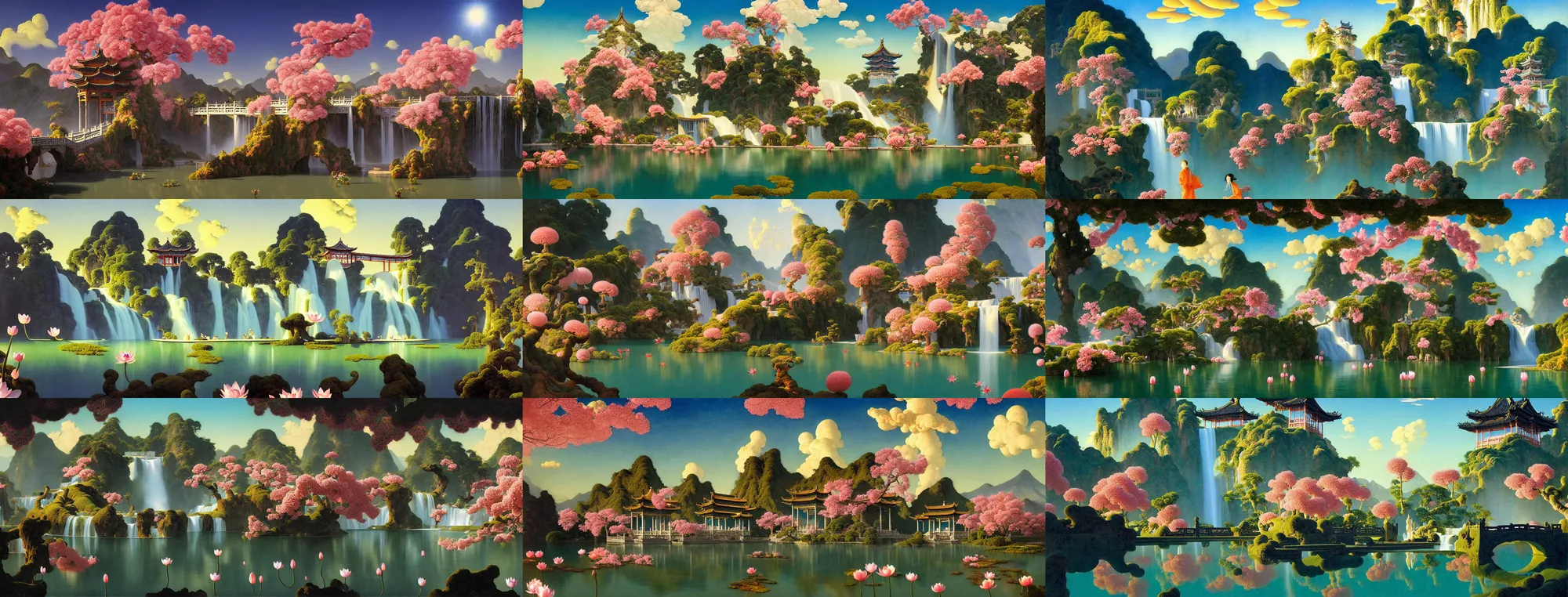 Prompt: a gorgeous painting by barlowe wayne, maxfield parrish and marco mazzoni. xanadu chinese temple on a platform that extends over a great waterfall, a huge tallest magnificent peach blossom tree glowing, bridge. azure. ultra clear detailed. 3 d, octane render. a lake full of lotus flowers, chinese cloud. 8 k.