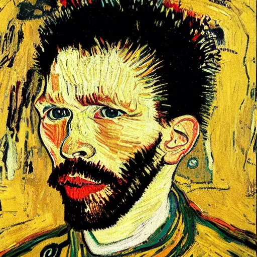 Image similar to portrait of an artificial intelligence painting by Vincent van Gogh klimt Jean-Michel Basquiat