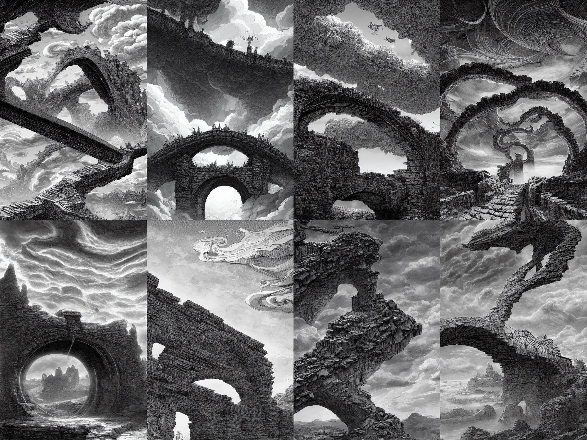 Prompt: an old stone bridge that climb into the sky, swirly clouds in the background, art by James Jean and Wayne Barlowe, high details , black and white ink, cinematic, cgsociety 8k