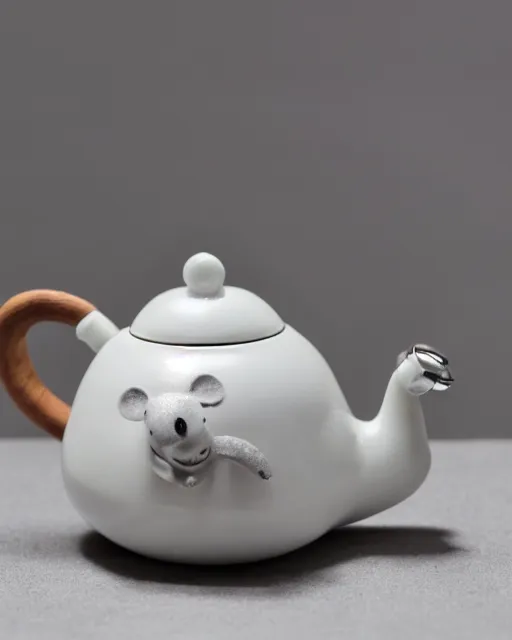 Prompt: a white tea kettle with a little porcelain gray mouse on it's spout