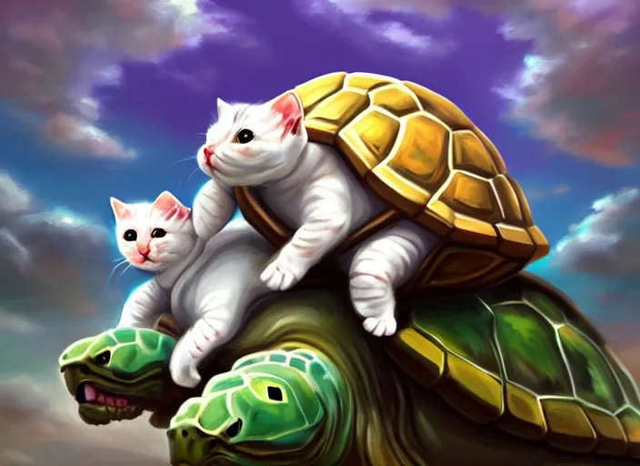 Image similar to white kittens riding giant turtles, battalion, digital oil painting, trending on artstation