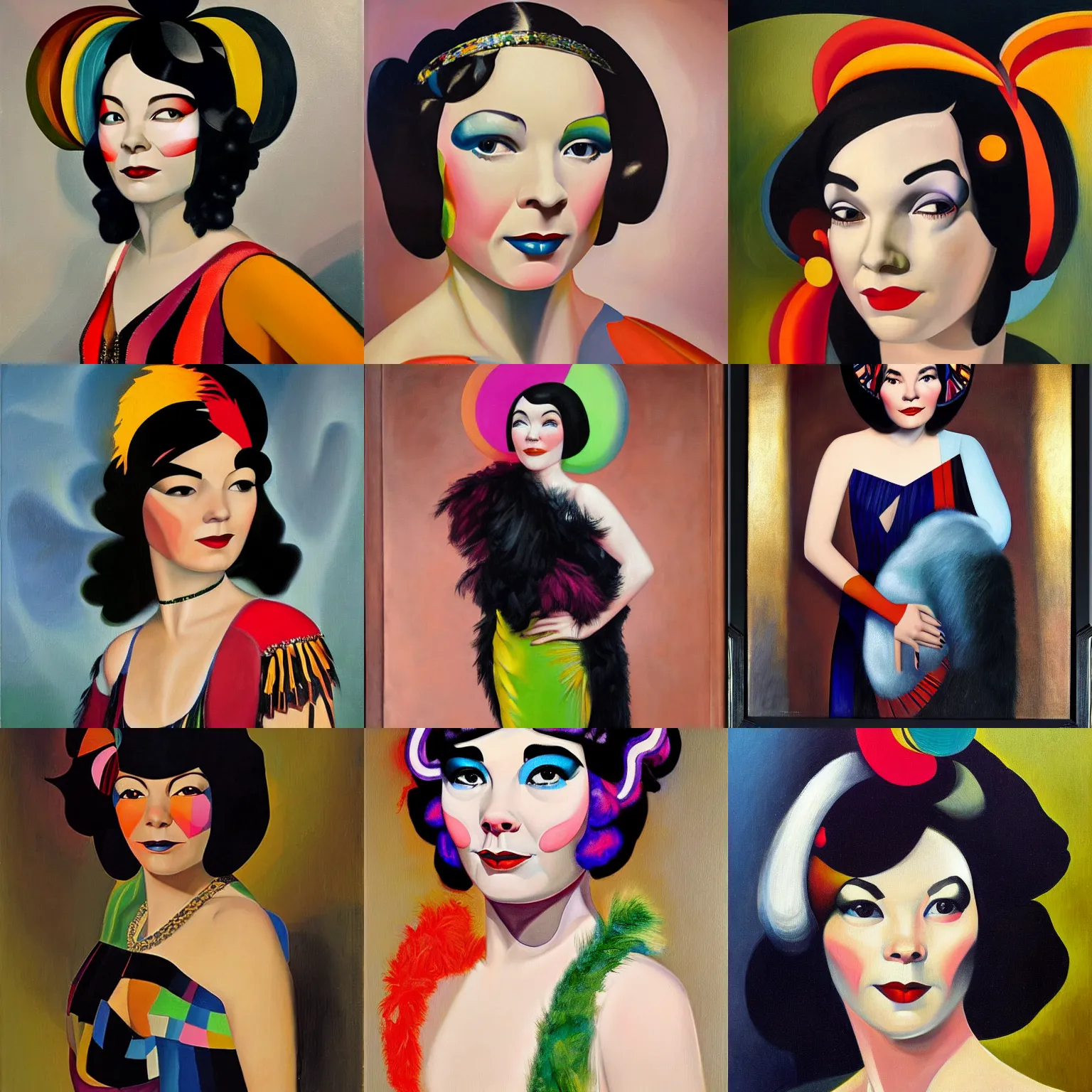 Prompt: detailed, realistic art deco portrait of bjork's face. bjork is dressed like a colorful flapper. bjork painted by tamara de lempicka, 1 9 2 7. oil on canvas.