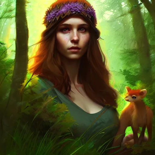 Image similar to a pretty female druid surrounded by forest animals, in the woods, hyper realistic, digital painting, photorealistic, in the style of greg rutkowski, detailed face